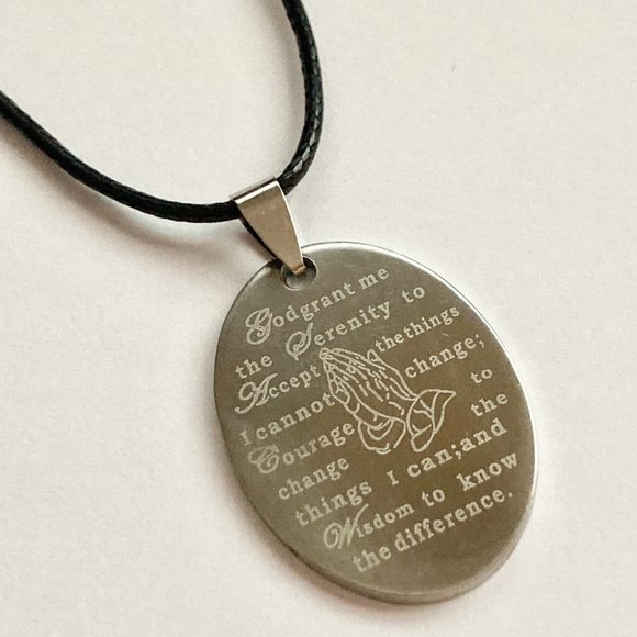 Serenity Prayer Necklace Stainless Steel Pendant Praying Hands Black Cord 18" - Picture 6 of 11